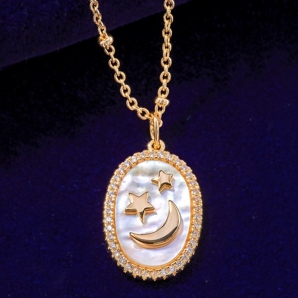 Champagne Gold Necklace with Mother Of Pearl, Oval Star and Moon - Picture 1 of 8